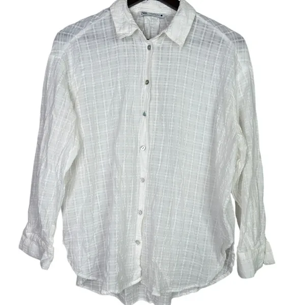 Zara Relaxed Lightweight Fit Cotton Button Down Collar Shirt Long Sleeve M White - Image 2
