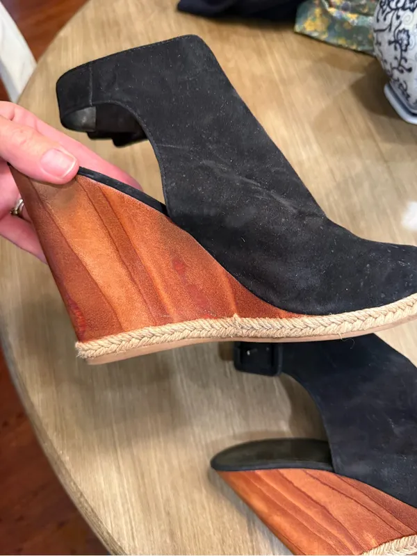 Tory Burch Black Suede Peep-Toe Ankle Wood Strap Wedges Sz 9 - Image 7
