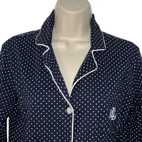 Lauren Ralph Lauren Navy Blue & White‎ Polka Dot Cotton Night Shirt Small Logo - Image 2