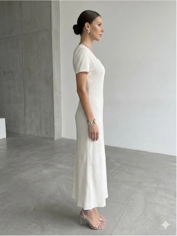 VTG Jay Jacobs Cream Maxi Dress 7/8 Textured Crinkle Minimalist Wedding Bridal - Image 3