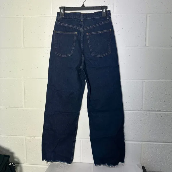Zara Womens High Rise Wide Leg Dark Wash Denim Jeans Raw Hem Indigo Size 4 - Image 2