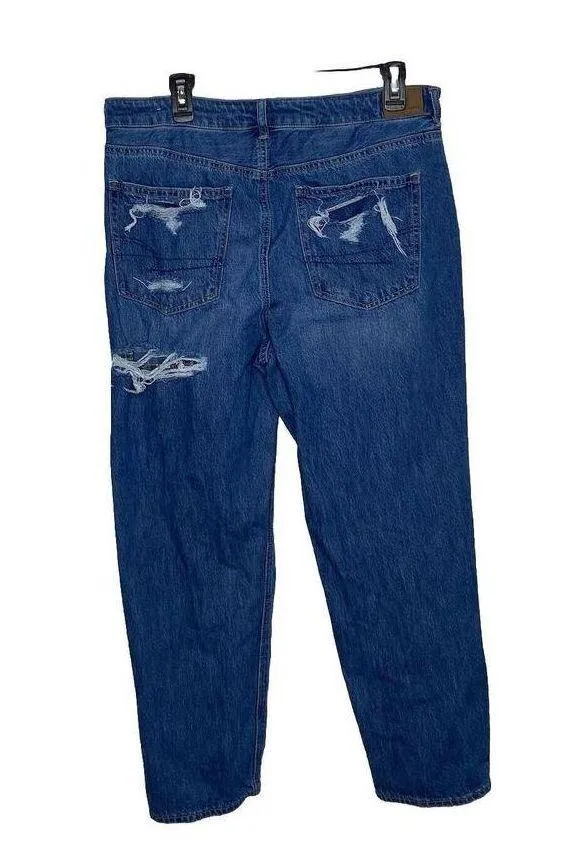 American Eagle Mom Straight Jean Blue Jeans Denim Ripped Plaid Patch Size 16 - Image 4