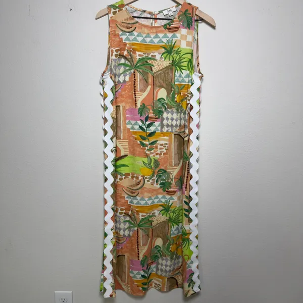 Oddi Women Linen‎ Resort Midi Dress Medium Multicolor Tropical Fruit Novelty - Image 2