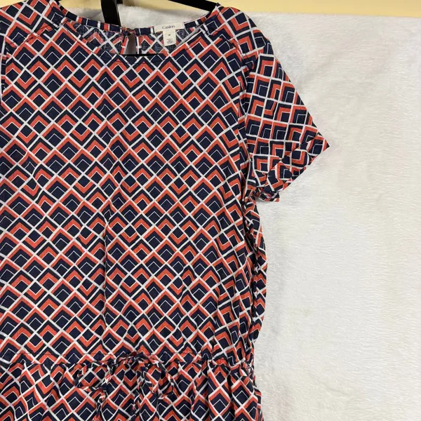 Caslon M Colorful 100% Linen Hi-Lo Shift Dress Navy Mod Geometric Print Summer - Image 5
