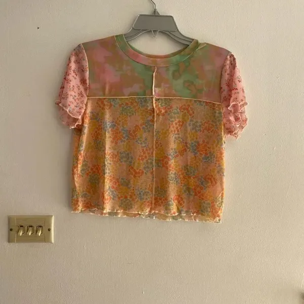 BP Nordstrom Patchwork Crop Top Short Sleeve Ruffle Hem NWT Size L Pink - Image 3
