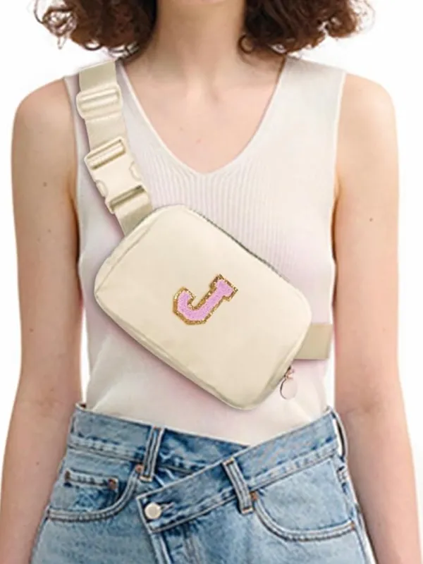 Belt Bag Fanny Pack Crossbody Bags with Initials Letter Patch -Khaki,J - Image 2