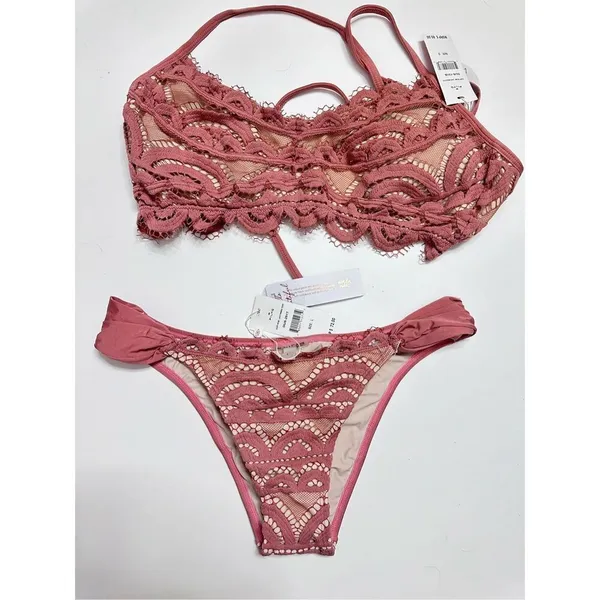 New. Pilyq dusty rose lace bralette bikini set. D-cup/L-teeny - Image 6
