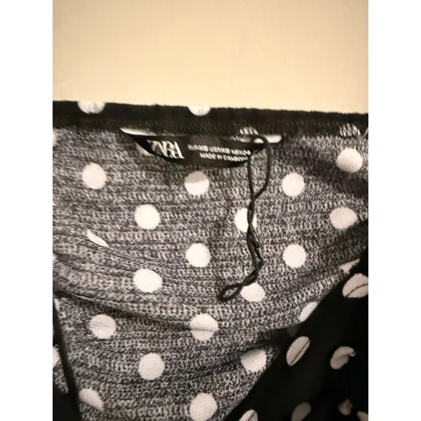 Zara Polka Dot Mini Dress Womens XS Black White Ruched Puff Sleeve‎ Bodycon - Image 3