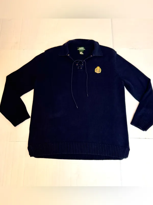 Lauren Ralph Lauren Lace Up Sweater L Navy Crest Cotton Knit Collared Preppy - Image 4