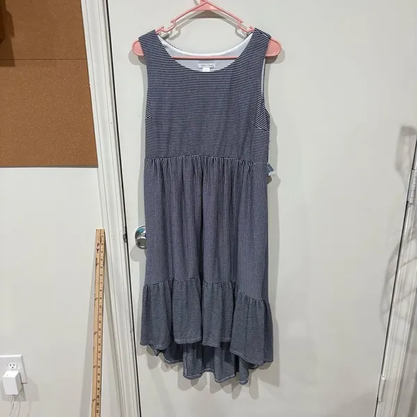 London Times White Navy Stripe Trapeze Tiered Midi Dress Size 6 - Image 4