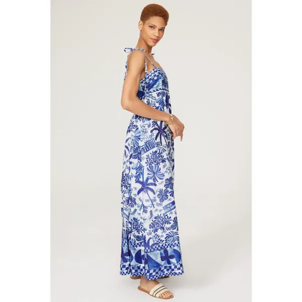 Farm Rio Sweet Blue White Tropical Coastal Beach Print Resort Vacation Dress L - Image 3