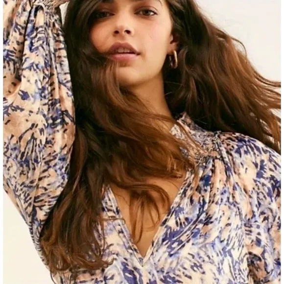 FREE PEOPLE Smocked Crushed Velvet Top Blouse Go Get 'Em Tiger Animal Small - Image 4