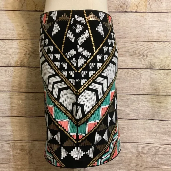 Express Sequin Mini Skirt Geometric Aztec Tribal Pattern Embellished Party Small - Image 2