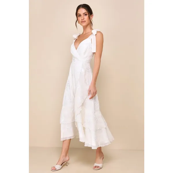 NWT Lulus Elegant Direction Ivory Embroidered Ruffled Tie-Strap Midi Dress Sz XL - Image 9