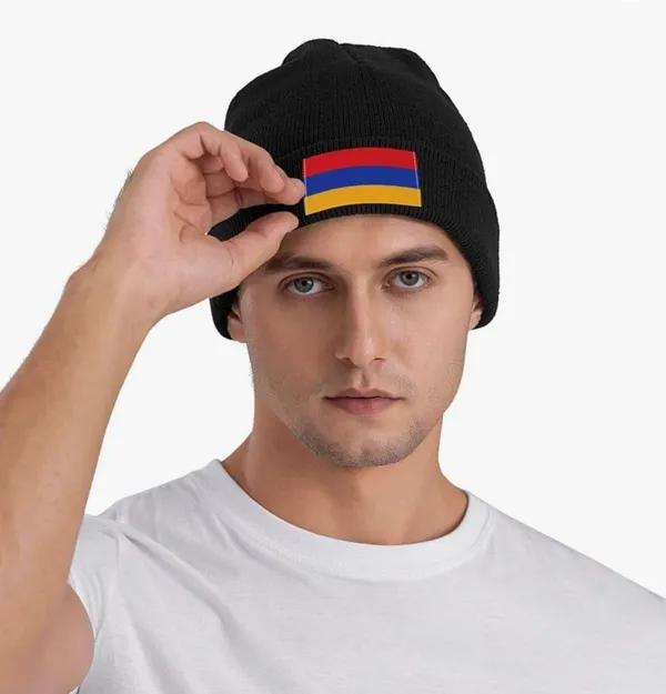 Black Knit Beanie with Armenian Flag Logo Design - Image 3