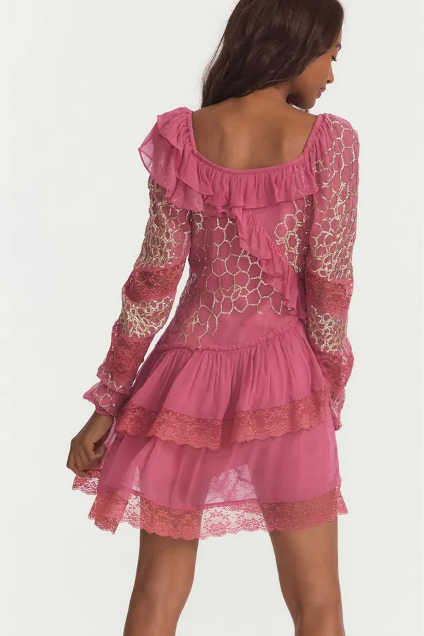 Love Shack Fancy Pink, Ruffled Mini Dress | 2 | Lace, Sparkle - Image 5