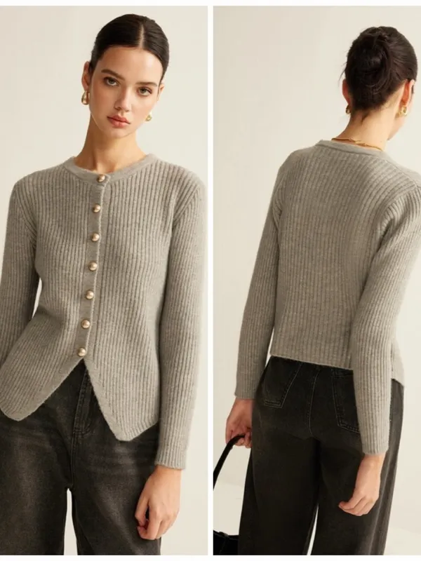 Common Sense Gray Ribbed Knit Cardigan M Gold Button Split Hem Fitted Sweater - Image 2