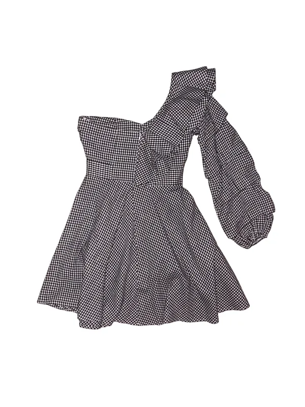 Boohoo Ruffle One-Shoulder Gingham Dress - Image 3
