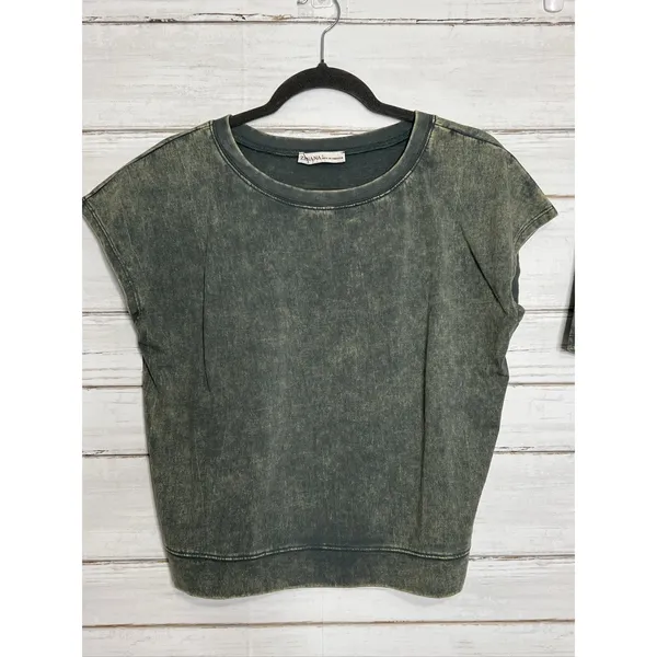 Zenana Acid Wash T-Shirt & Shorts Matching Set Small Dark Green Cotton Lounge - Image 4