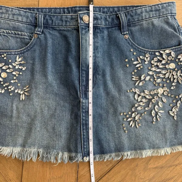 Free People Shine Bright Shine Far Medium Wash Denim Rhinestone Mini Skirt - Image 9