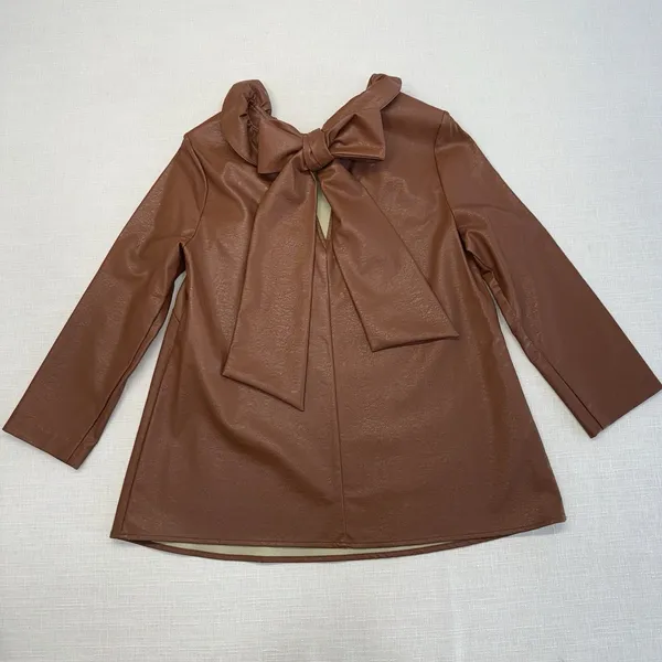 Tuckernuck Brown Coated Ruffle Neck Bow Back Blouse 3/4 Sleeve S - Image 4