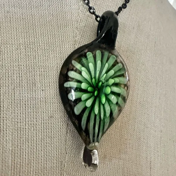Green Glass Flower Pendant Necklace – Black Chain – Boho Art Glass - Image 3