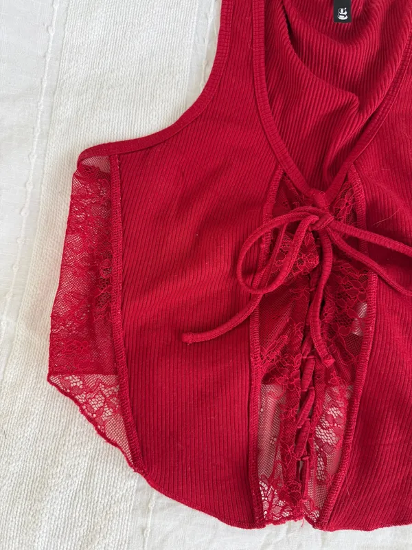 Garage Red Lace-Up Tank Top with Mesh Details - Image 2