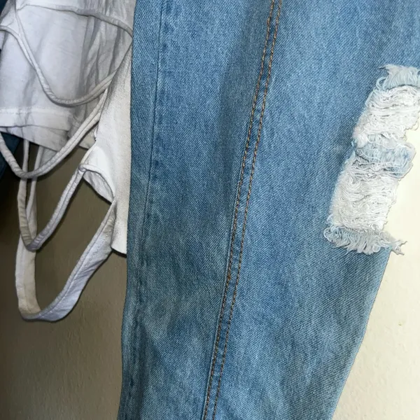 Rainbow Sandals - Love - Good Vibes Back Ripped Jean Arm Cropped Half Shirt - 1X - Image 5
