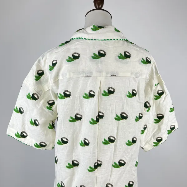 NWOT Farm Rio Linen Blend Coconut Embroidered Romper Green and Ivory Size M - Image 9