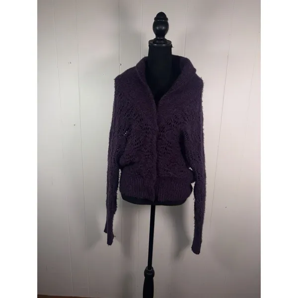 Free People Sweater Cardigan Wool Blend 4 Snap Purple Open Weave Chunky Knit M - Image 3