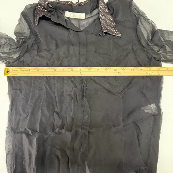 Chloé Size S 4 Blouse Black Semi Sheer Button Up Metallic Copper Sequin‎ Collar - Image 15
