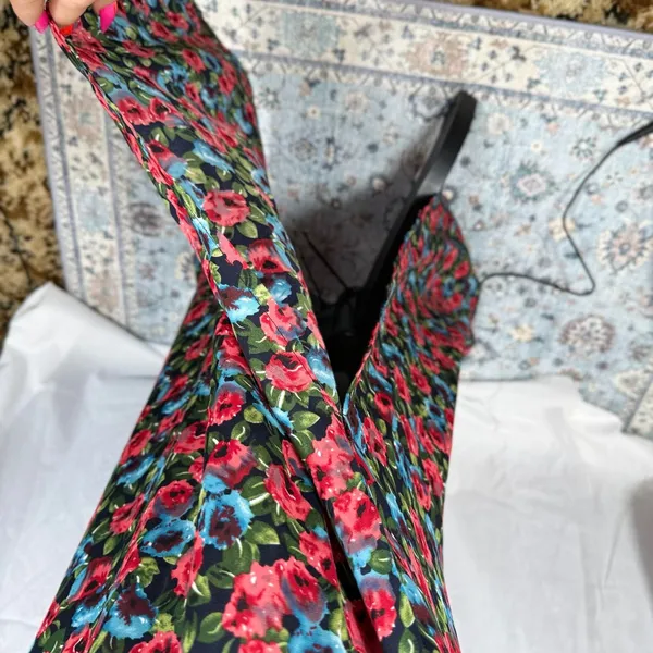 NastyGal Maxi Dress 2 Black Red Floral Open Cowl Back Side Slit‎ Dark Romance - Image 7