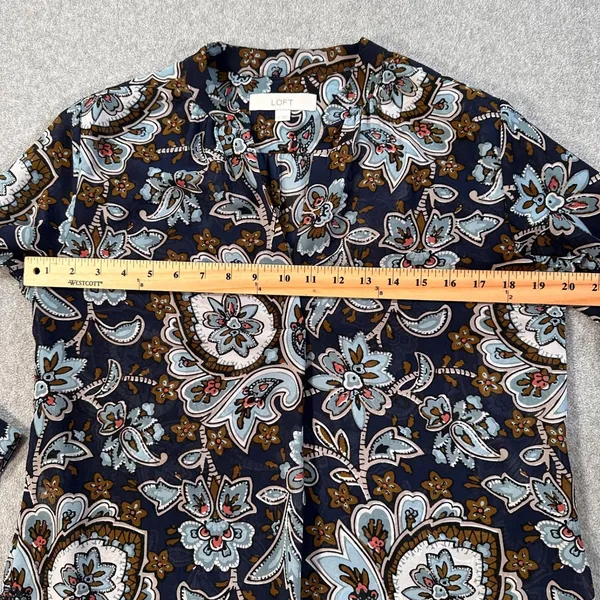 Loft Women's Small Floral Paisley Sheer Tunic Blouse Navy/Brown V-Neck - Image 6