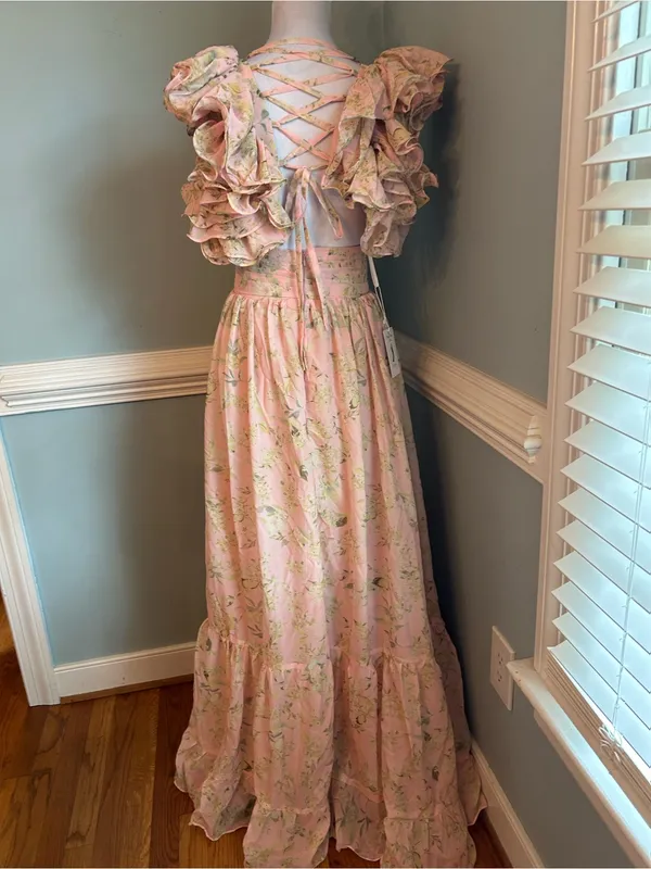 Romantic Pink Floral Maxi Dress with Puff Sleeves size 2 - Image 3
