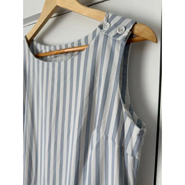 Vintage Blue White Striped Sleeveless Midi Dress Button Shoulder Drop Waist - Image 3