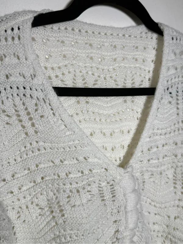 Source Unknown White Crochet Knit Tie-Front Cardigan Medium Cottage Core Bella Swan Festival - Image 4