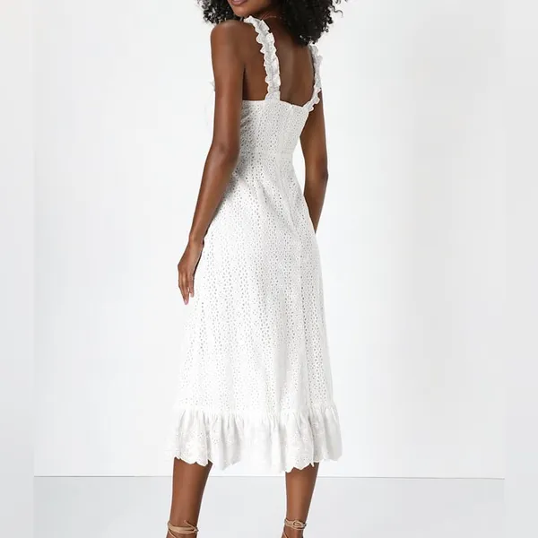 Lulu's Sincere Sweetheart White Cream Eyelet Lace Ruffled Midi Dress Size Medium - Image 2