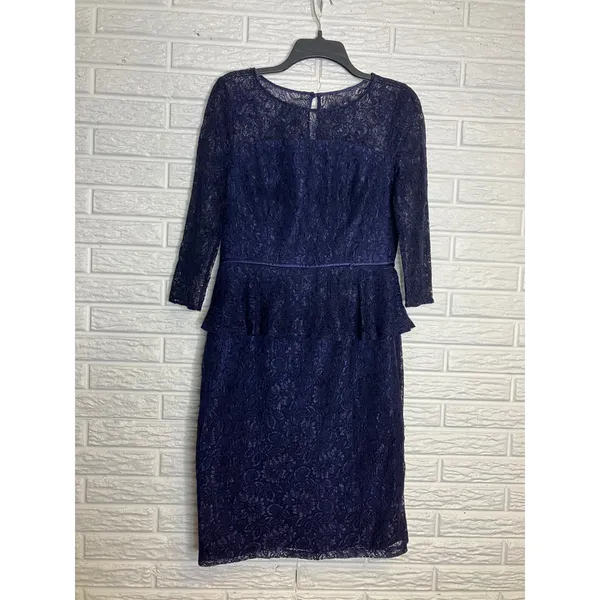 Adrianna Papell navy blue lace peplum sheath dress women's size 10 black‎ tie - Image 4
