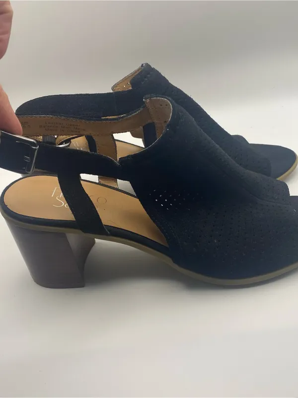 Franco Sarto black suede leather perforated peep toe block heel sandals 9.5 - Image 2