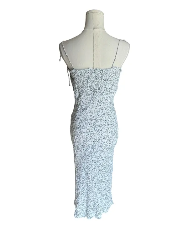Cleobella - Floral Smocked Midi Dress White Blue Self-Tie Strap Sz M - Image 4