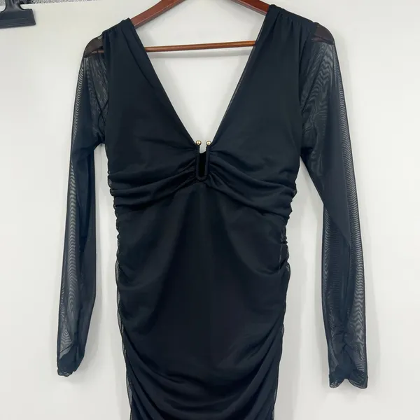 New Anthropologie Long Sleeve Deep V Hardware Midi Dress Black elegant small - Image 4