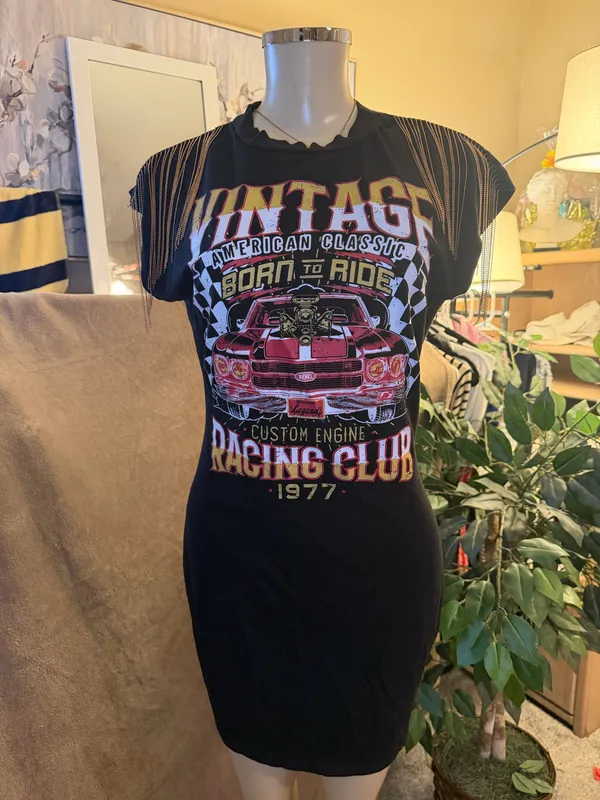 Vintage Racing Club Graphic T-Shirt Dress Fringed Shoulder Size L - Image 2