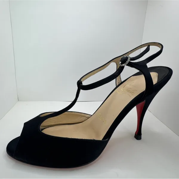 Y2K Christian Louboutin Ernesta Black Satin T-Strap Peep Toe Heels EU 37 - Image 5
