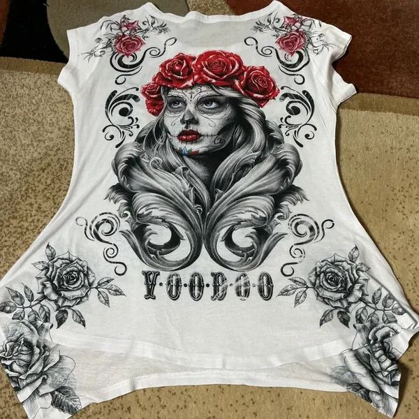 Maxi & Co Lagenlook Voodoo Graphic Tunic Women S White Sugar Skull Rose‎ Top - Image 5