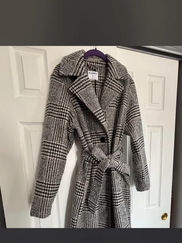 Old Navy | Black & White Plaid Belted Trench Coat | Women’s Size Large - Image 4
