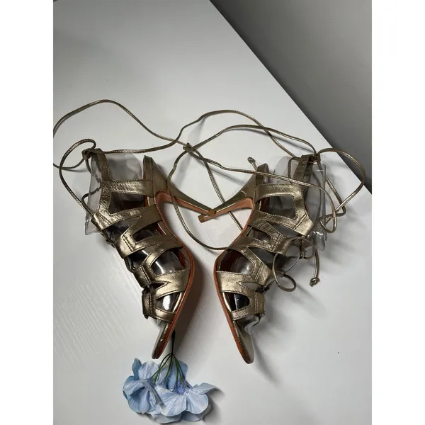 ALDO Metallic Gold Lace Up Gladiator Stiletto Sandals Leather Sole Womens 37‎ - Image 2