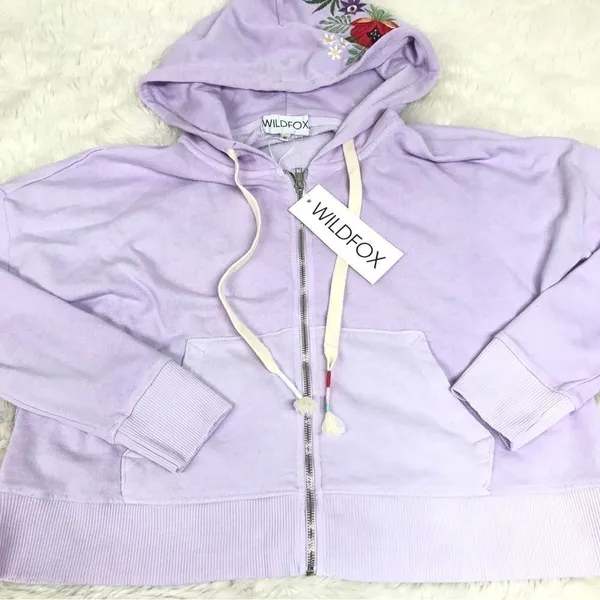 WILDFOX Hoodie Cropped Jacket‎ Large Purple Embroidered Flowers Zip Front Pastel - Image 6