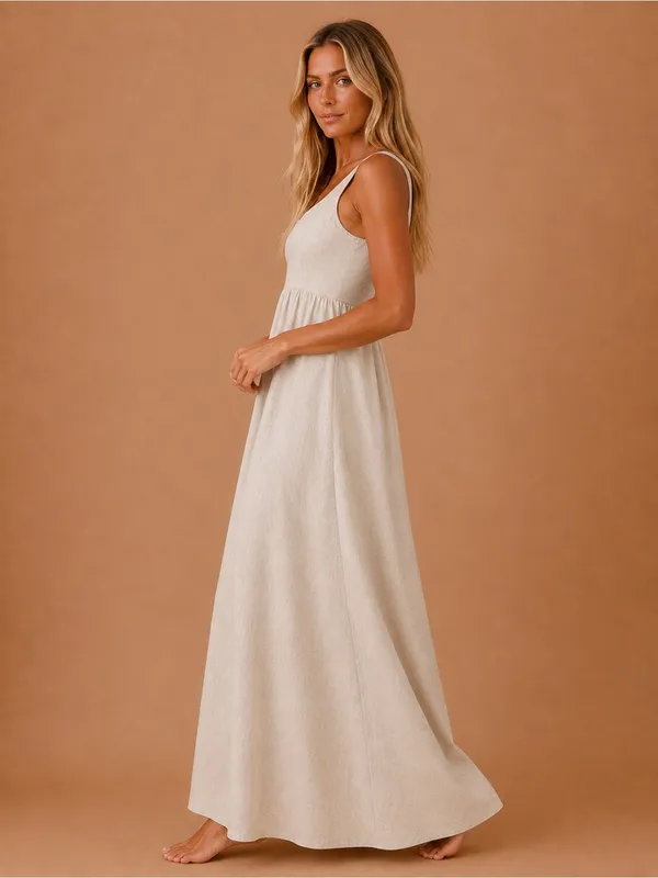 Zara Oatmeal Flowy Linen Lyocell Maxi Dress Smocked Back Sleeveless Boho Coastal - Image 3