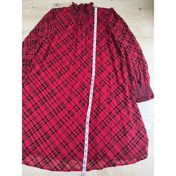 EUC Tommy Hilfiger Womens Red Flocked Plaid Flowy Dress velvet detail Size 14 - Image 7