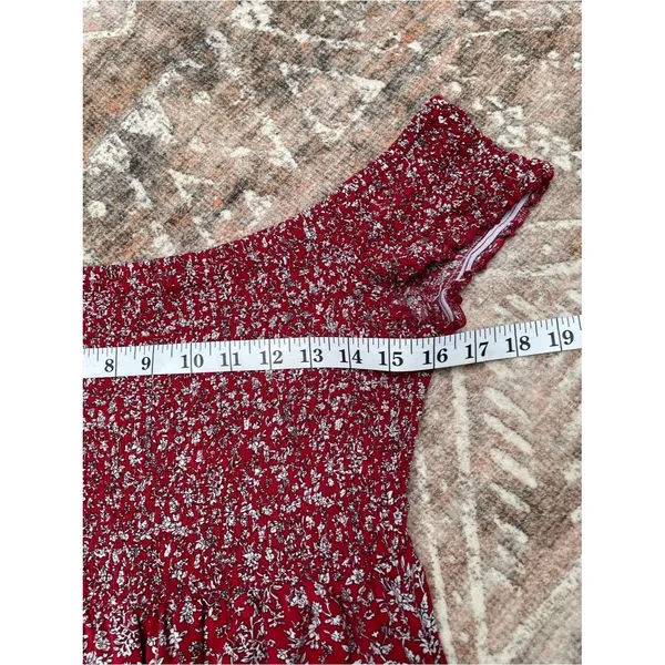 Cottagecore Boho Off Shoulder smocked Floral Maxi Dress Beach Slit Red white M/L - Image 10